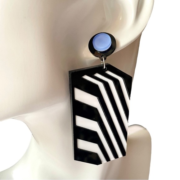 Black and White Striped Statement Earrings 80s Geometric Maximalism Pop Art - Picture 5 of 8